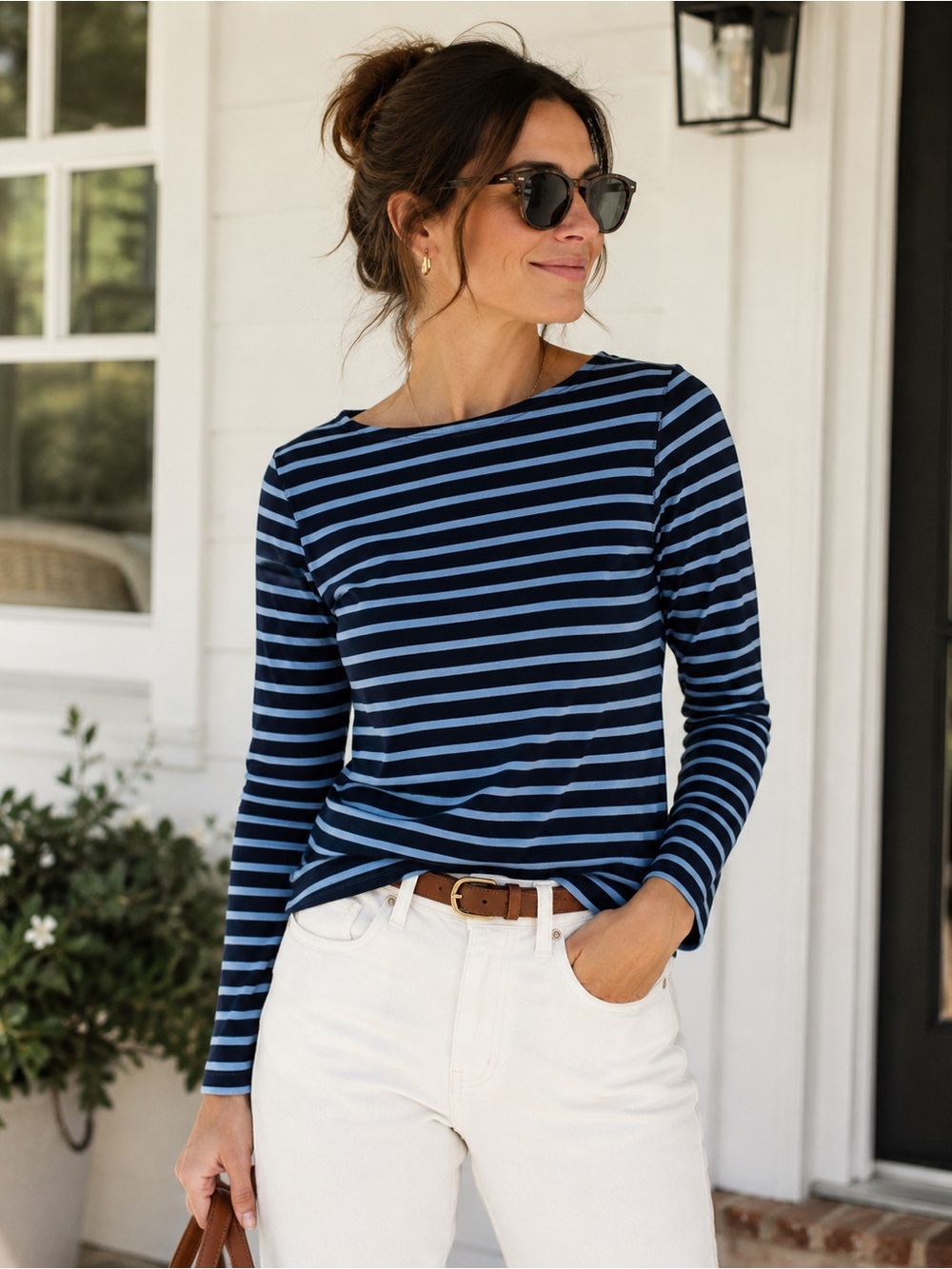 J. McLaughlin Navy Blue Stripe Boat Neck Cotton Stretch Long Sleeve Top XS